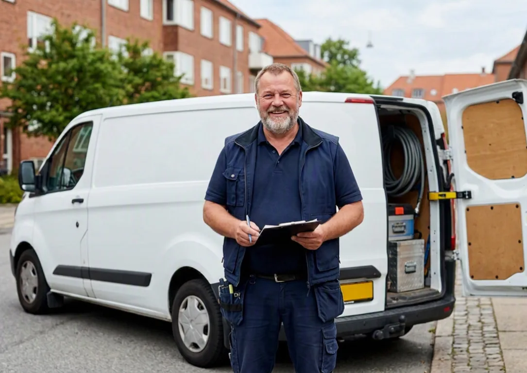 Certificeret væggelustekniker foran firmabil